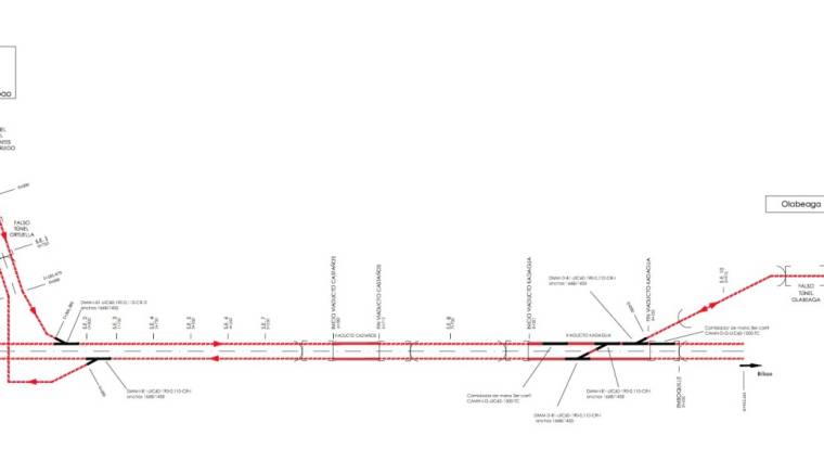 Plano general de la Alternativa 1 del trazado de la Fase I de la Variante Sur Ferroviaria de Bilbao entre el Puerto de Bilbao (T&uacute;nel del Serantes) y Olabeaga (Bilbao). Fuente: Ministerio de Fomento.
