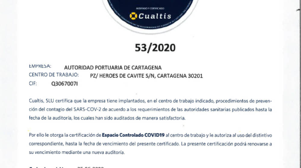 La Autoridad Portuaria de Cartagena se certifica como espacio protegido de Covid-19