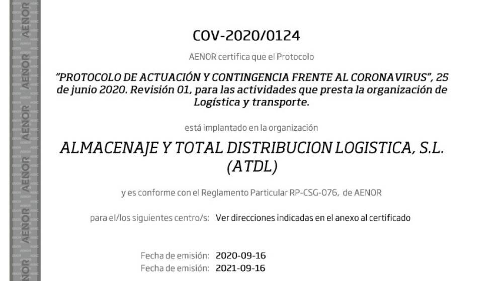 ATDL certifica su protocolo de actuaci&oacute;n y contingencia frente al Covid-19