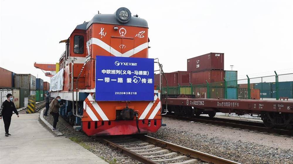 Parte de Yiwu un tren hacia Madrid con mascarillas y material sanitario donado por China
