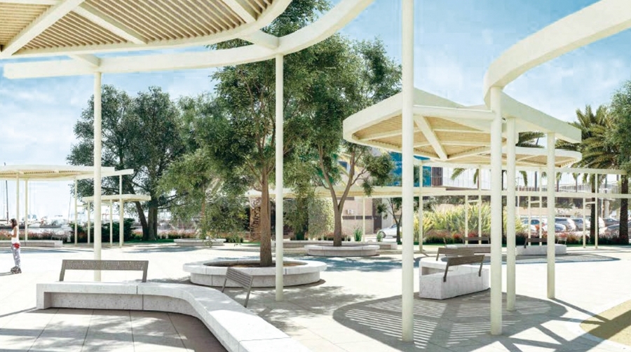 El futuro entorno del Edificio del reloj contará con una amplia zona peatonal ajardinada y sombreada.