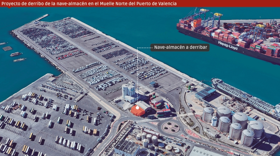 La APV ha encargado el derribo de una de las naves del Muelle Norte (Muelle de la Xità) del Puerto de Valencia para facilitar la llegada del ferrocarril a la zona. Infografía: José Antonio Sánchez.
