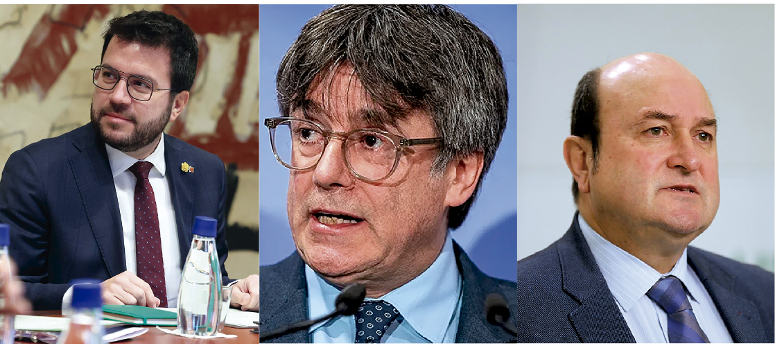Pere Aragonés, coordinador nacional de ERC; Carles Puigdemont, presidente de Junts; y Andoni Ortúzar, presidente de PNV.