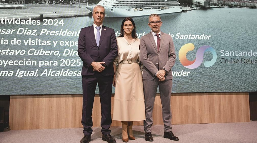 El director general de Turismo y Hostelería del Gobierno de Cantabria, Gustavo Cubero; la alcaldesa de Santander, Gema Igual y el presidente de la Autoridad Portuaria de Santander, César Díaz.