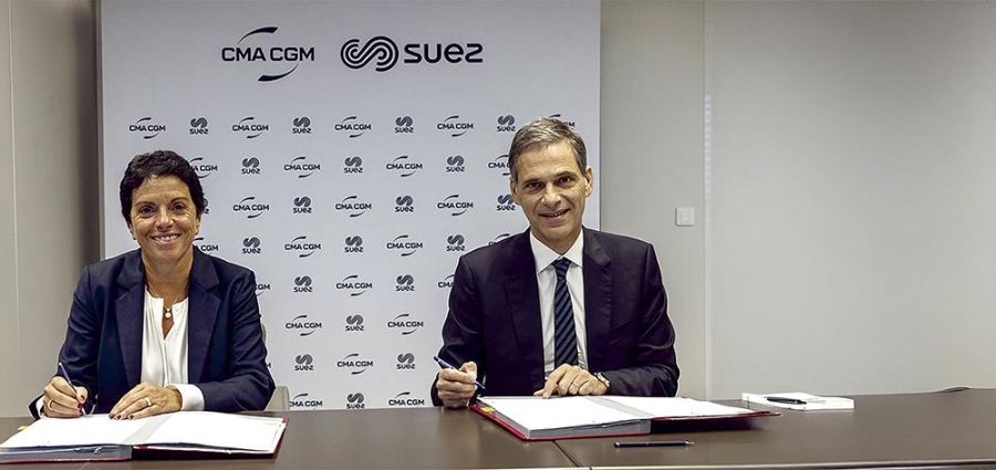 Sabrina Soussan, presidenta y consejera delegada de SUEZ junto al presidente y consejero delegado de CMA CGM, Rodolphe Saadé.