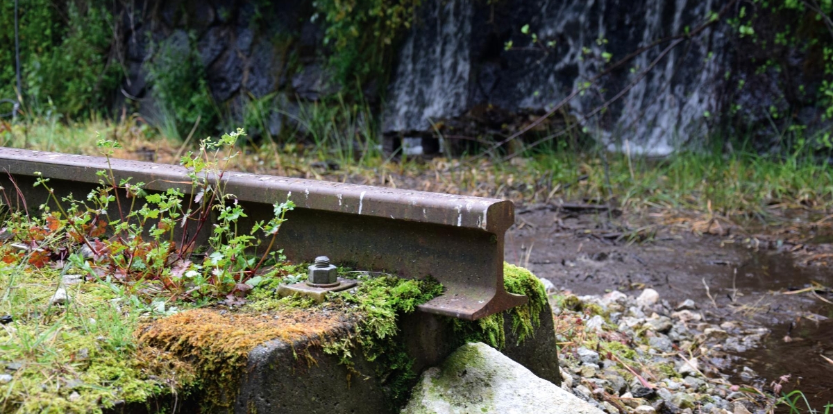 Detalle del corte de la vía. Tras él, otra de las cascadas que se desbordan junto al túnel. Foto M.J.