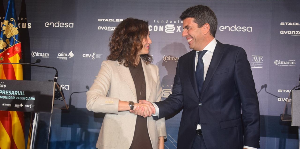 Carlos Mazón, presidente de la Generalitat Valenciana; e Isabel Díaz Ayuso, presidenta de la Comunidad de Madrid, tras la rueda de prensa celebrada en el marco de la II Cumbre Empresarial Madrid-Valencia. Foto M.J.