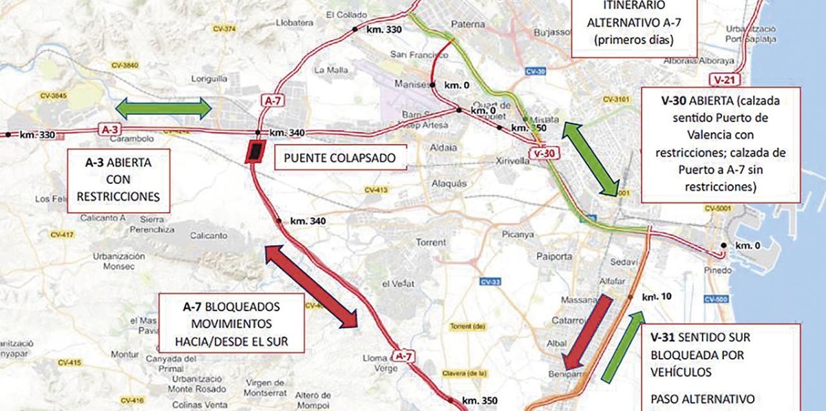 Mapa de situación de la A-7y by pass de València(Corredor Mediterráneo).