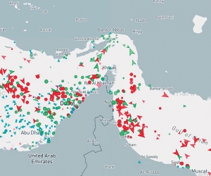 Imagen de ayer, jueves, del tránsito de buques por el estrecho de Ormuz, que ha caído un 90%. Fuente: Marine Traffic.