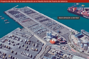 La APV ha encargado el derribo de una de las naves del Muelle Norte (Muelle de la Xità) del Puerto de Valencia para facilitar la llegada del ferrocarril a la zona. Infografía: José Antonio Sánchez.
