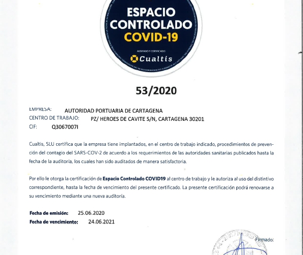 La Autoridad Portuaria de Cartagena se certifica como espacio protegido de Covid-19