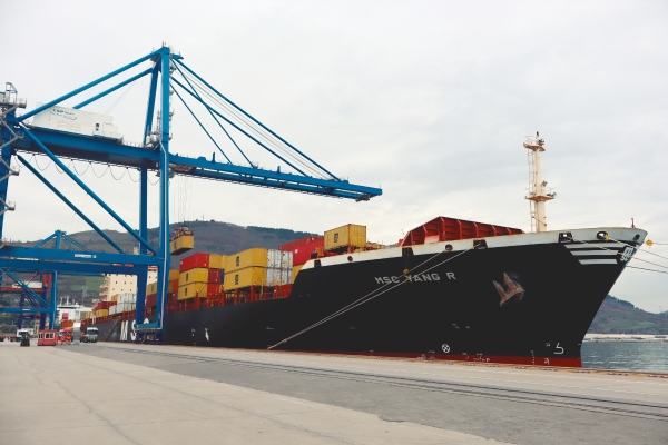 $!El portacontenedores “MSC Yang R”, de 3.800 TEUs de capacidad, 257 metros de eslora y 32 de manga, este viernes en CSP Iberian Bilbao Terminal. Foto J.P.