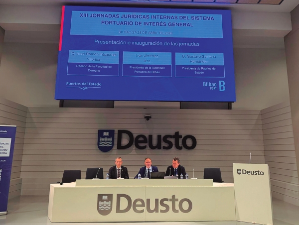 $!Las jornadas fueron inauguradas por Gustavo Santana, presidente de Puertos del Estado; Iván Jiménez, presidente de la AP de Bilbao; y José Ramón Intxaurbe, decano de la Facultad de Derecho de la Universidad de Deusto.