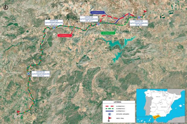 Plano de electrificación de la línea Bobadilla-Algeciras, tramo Bobadilla-Ronda, con las tres alternativas recogidas en el Estudio Técnico. Fuente MITMA.