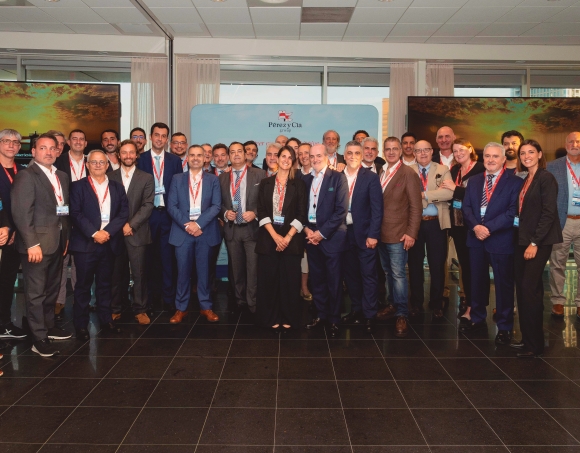 Javier Ferrer, presidente ejecutivo de Grupo Pérez y Cía. (centro) lidera el amplio equipo de profesionales de la compañía desplazados a Breakbulk Europe.