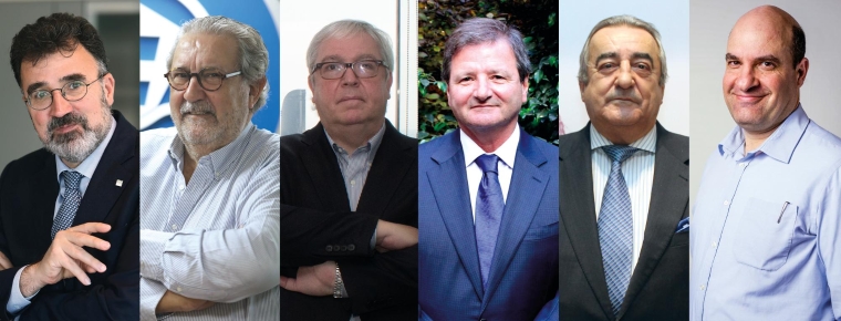 De izquierda a derecha, Lluís Salvadó, presidente de la Autoridad Portuaria de Barcelona; Javier Vidal, presidente de la Asociación de Empresas Estibadoras Portuarias de Barcelona; Jordi Trius, presidente de la Asociaciòn de Agentes Consignatarios de Buques de Barcelona; Antonio Llobet, presidente del Colegio Oficial de Agentes de Aduanas de Barcelona; Emili Sanz, presidente de ATEIA-OLTRA Barcelona; y Miguel Jiménez, director de Diario del Puerto.