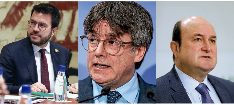 Pere Aragonés, coordinador nacional de ERC; Carles Puigdemont, presidente de Junts; y Andoni Ortúzar, presidente de PNV.