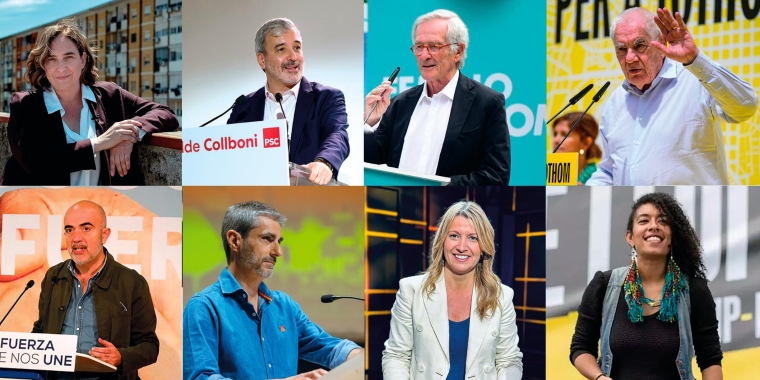 Ada Colau (Barcelona en Comú); Jaume Collboni (PSC); Xavier Trias (Junts per Catalunya); Ernest Maragall (ERC). Daniel Sirera (PP); Gonzalo de Oro (VOX); Eva Parera (Valents) y Rasha Changue (CUP).