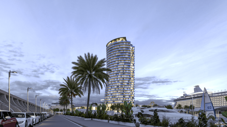 El Hotel Torre del Puerto está ubicado en el Dique de Levante.
