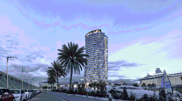 El Hotel Torre del Puerto está ubicado en el Dique de Levante.