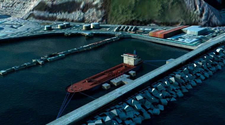Recreación de un buque atracado en el Muelle de Punta Lucero operado por Petronor en el Puerto de Bilbao.