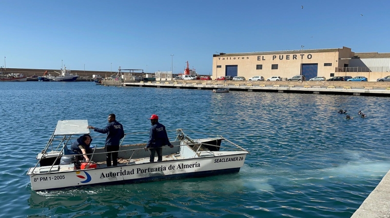 Una decena de buceadores se han sumergido este lunes en el mar que baña la dársena pesquera para extraer residuos depositados en el fondo.