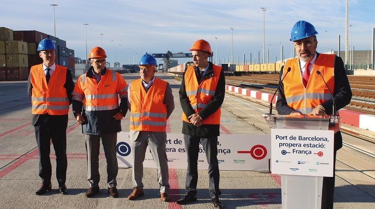 Eric Champeyrol, director general de Naviland Cargo; Guillermo Belcastro, CEO de Hutchison Ports BEST; Xavier Moliné,director general d’APM Terminals Spain Railway; Pablo García, director general de Synergy y Lluís Salvadó, presidente de Port de Barcelona. Foto J.P.M.