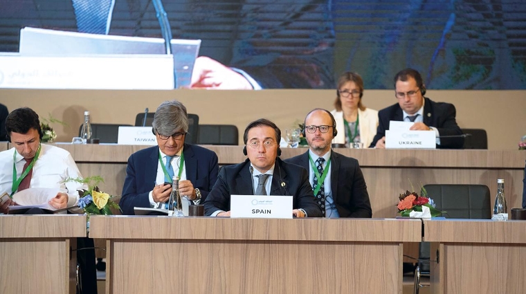 José Manuel Albares, ministro de Asuntos Exteriores, en Marrakech durante la Reunión Ministerial de la Coalición Global contra el DAESH.