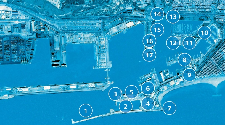 Arriba, mapa de las 17 actuaciones para la remodelación del Port Vell. A la derecha, Lluís Salvadó, presidente de la APB, y David Pino, director de gerencia urbanística Port Vell, ayer durante la presentación del plan inversor. Foto: J.P.