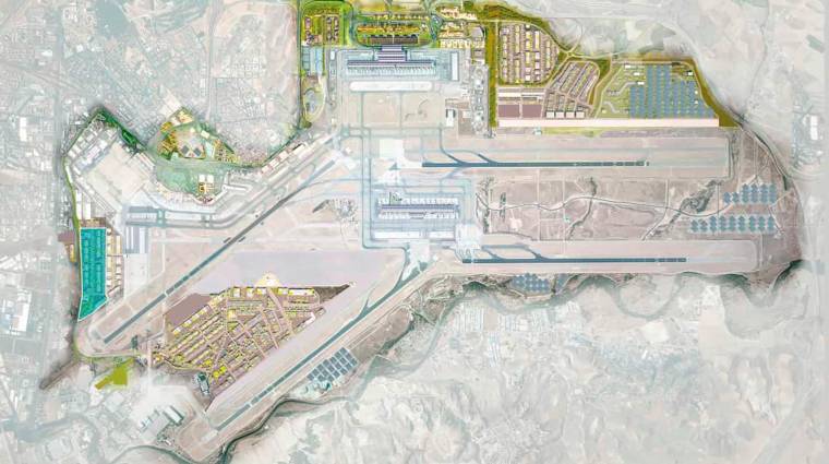 Recreación infográfica de la futura Airport City Adolfo Suárez Madrid-Barajas, con el Área Logística 1 en azul.