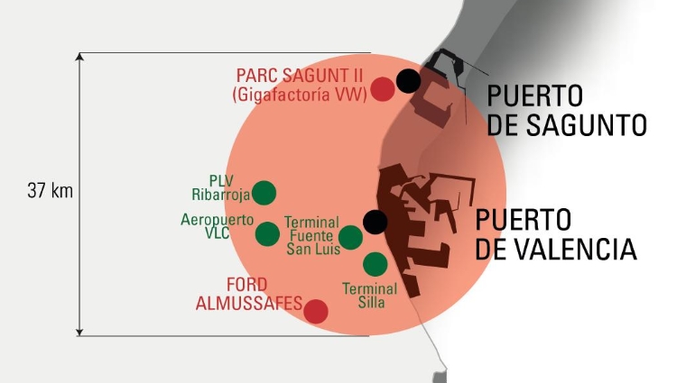 Ubicación de los grandes nodos logísticos de la provincia de Valencia. Foto DP