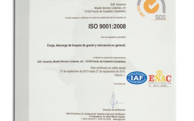 Terminal Mar&iacute;tima del Grao certifica su gesti&oacute;n con la ISO 9001