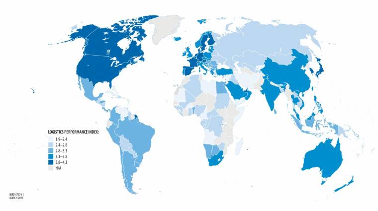 LPI 2023 según áreas geográficas. En azul oscuro, los países con mejor desempeño logístico (3.8-4.3). En azul claro, los países con un desempeño más débil (1.9-2.4). Fuente: Banco Mundial.