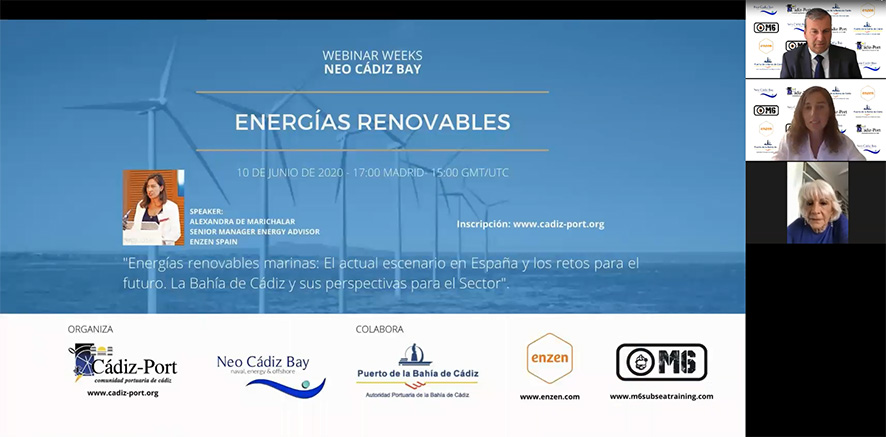Rafael Fern&aacute;ndez, presidente de la asociaci&oacute;n C&aacute;diz-Port; Alexandra de Marichalar, Senior Manager Energy Advisor de Enzen Spain, y Te&oacute;fila Mart&iacute;nez, presidenta de la Autoridad Portuaria de la Bah&iacute;a de C&aacute;diz, durante la jornada online.