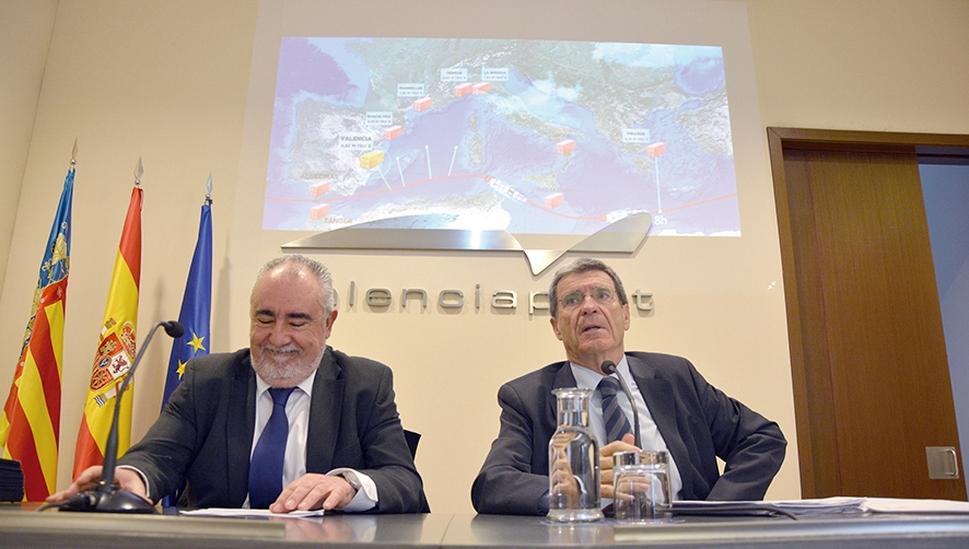 Francesc S&aacute;nchez, director general y Aurelio Mart&iacute;nez, presidente de Valenciaport, en la rueda de prensa celebrada tras el Consejo de Adminitraci&oacute;n. Foto: R. T&aacute;rrega.