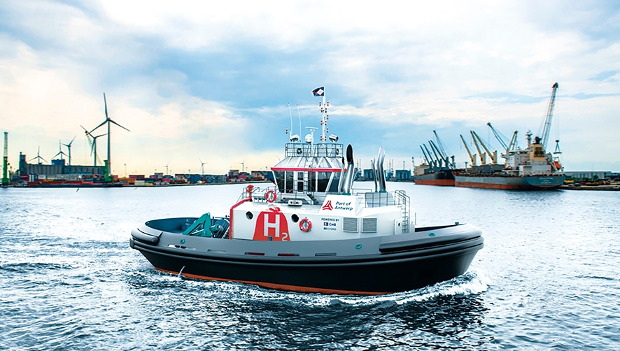 Recreaci&oacute;n virtual del remolcador &ldquo;Hydrotug&rdquo; en aguas del Puerto de Amberes.