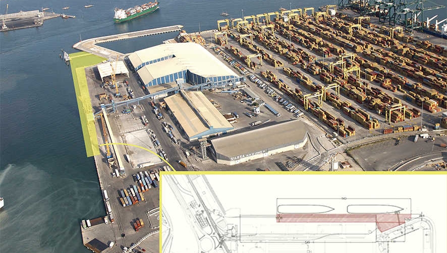 En la imagen, simulaci&oacute;n de la zona de actuaci&oacute;n en el muelle Sur. A la derecha, en la imagen inferior, plano de la actuaci&oacute;n.