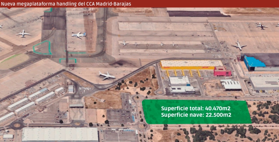 En color verde, superficie que ocupará la nueva megaterminal de handling de carga del CCA de Madrid-Barajas. Foto M.J.
