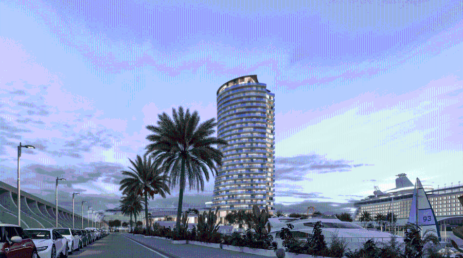 El Hotel Torre del Puerto está ubicado en el Dique de Levante.