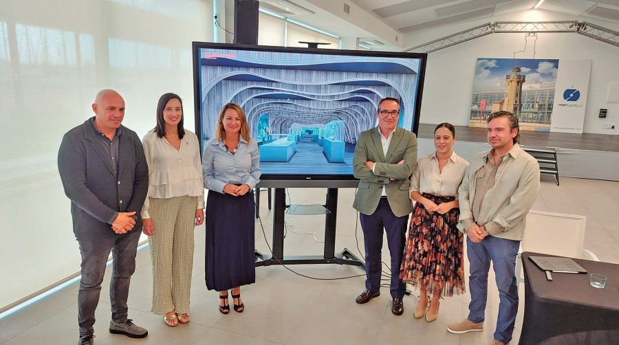 Gustavo Sáez, socio de Medrano Sáez Arquitectos; Ester Giner, teniente de alcalde y concejala delegada del Distrito del Grao de Castellón; Begoña Carrasco, alcaldesa de Castellón; Rubén Ibáñez, presidente de la Autoridad Portuaria de Castellón; María España, concejala de Educación y Cultura; y José María Medrano, socio de Medrano Sáez Arquitectos.