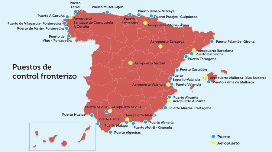 Ubicación de los puestos de control en frontera que existen en estos momentos en España de acuerdo con la información pública del MAPA, actualizada en su web a julio de 2024. Infografía: José Antonio Sánchez.