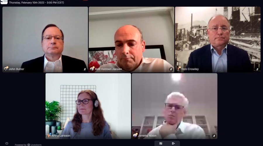 De arriba a abajo y de izquierda a derecha: y John Butler, CEO del Consejo Mundial de Transporte Marítimo; Rolf Habben Jansen, CEO de Hapag-Lloyd; Tom Crowley, presidente y CEO de Crowley; Anna Larsson, directora de Comunicación del World Shipping Council (WSC); Jeremy Nixon, CEO de ONE (Ocean Network Express).