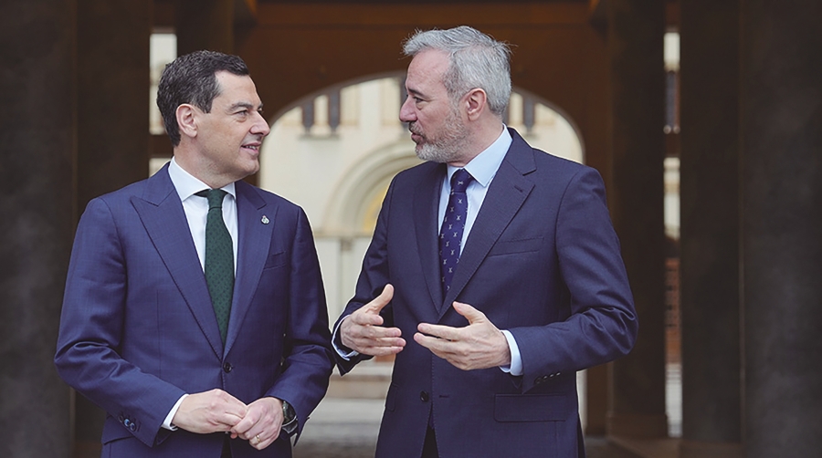 Reunión del presidente de Aragón, Jorge Azcón, y del presidente de la Junta de Andalucía, Juan Manuel Moreno, el pasado 21 de marzo con motivo de la firma de un nuevo protocolo de impulso de las autopistas ferroviarias y de la Travesía Central Pirenaica.