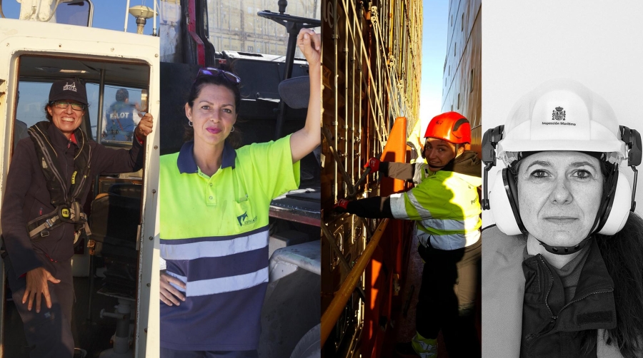 PORTUS dedica en esta ocasión un importante espacio al papel de la mujer en el mundo portuario y marítimo. De izquierda a derecha: Adita Morenilla, patrona de embarcación de prácticos en el Puerto de Cádiz; Susana Bermúdez, la única estibadora del puerto de Cádiz; Judit Soler, estibadora del puerto de Barcelona; y Genoveva Ardana, inspectora de Capitanía Marítima en Cádiz. Fotos: Óscar Cárdenas (APBC) y Coordinadora.