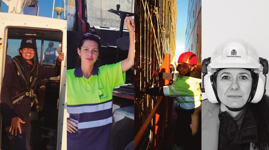 En España, la presencia de la mujer en las empresas de transporte y la logística va creciendo, pero no al ritmo que lo hace en otros sectores económicos. En la imagen, de izquierda a derecha, Adita Morenilla, patrona de embarcación de prácticos en el Puerto de Cádiz; Susana Bermúdez, la única estibadora del Puerto de Cádiz; Judit Soler, estibadora del Puerto de Barcelona; y Genoveva Ardana, inspectora de Capitanía Marítima en Cádiz. Fotos: Óscar Cárdenas (APBC) y Coordinadora.