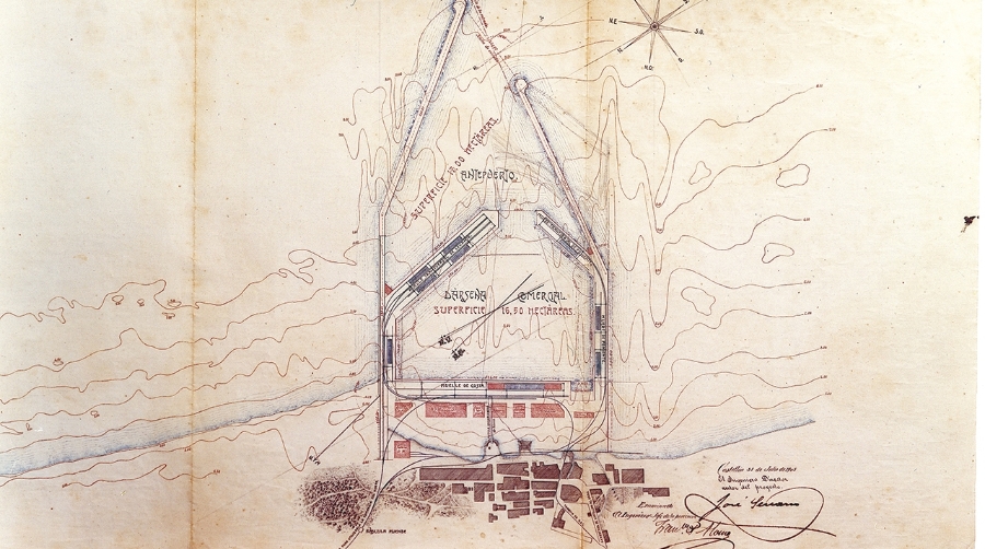 Hoy se cumplen 123 años desde la creación oficial del puerto de Castellón. En la imagen, el plano original del ingeniero director del puerto, José Serrano Lloberes.