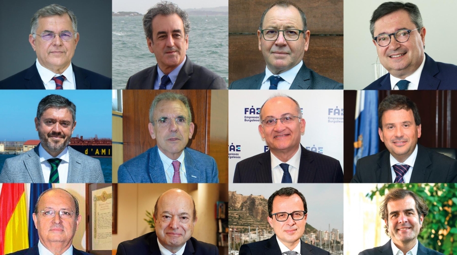 De izquierda a derecha y de arriba abajo, los actuales presidentes de las autoridades portuarias de Santa Cruz de Tenerife (Carlos González), Santander (Francisco Martín), Avilés (Santiago Rodríguez Vega), Gijón (Laureano Lourido), Ceuta (Juan Manuel Doncel), Castellón (Enrique Vidal), Valencia (Joan Calabuig), Las Palmas (Luis Ibarra), Melilla (Víctor Antonio Gamero), Islas Baleares (Jaume Colom), Alicante (Julián López) y el vicepresidente de la AP de Cartagena (Pedro Pablo Hernández).