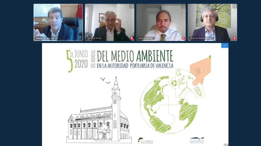 Aurelio Mart&iacute;nez, presidente de la Autoridad Portuaria de Valencia; Federico Torres, director de Seguridad y Medio Ambiente de la APV; Antonis Michail, director t&eacute;cnico de World Ports Sustainability Program (WPSP); Jos&eacute; Luis Mu&ntilde;oz, director general de EIT Climate-KIC Espa&ntilde;a, durante la inauguraci&oacute;n del webinar organizado por la APV con motivo del D&iacute;a del Medio Ambiente.