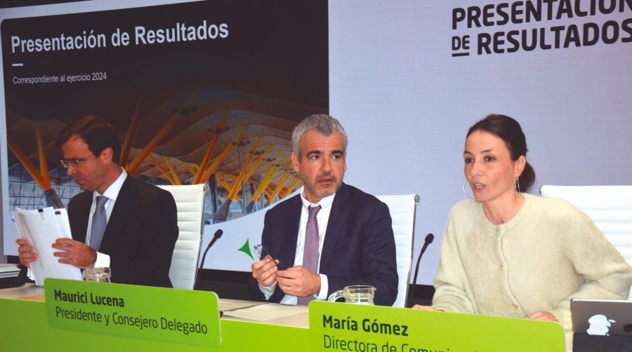 Maurici Lucena, presidente de Aena, flanqueado por María Gómez, directora de Comunicación, e Ignacio Castejón, director Financiero. Foto M.J.