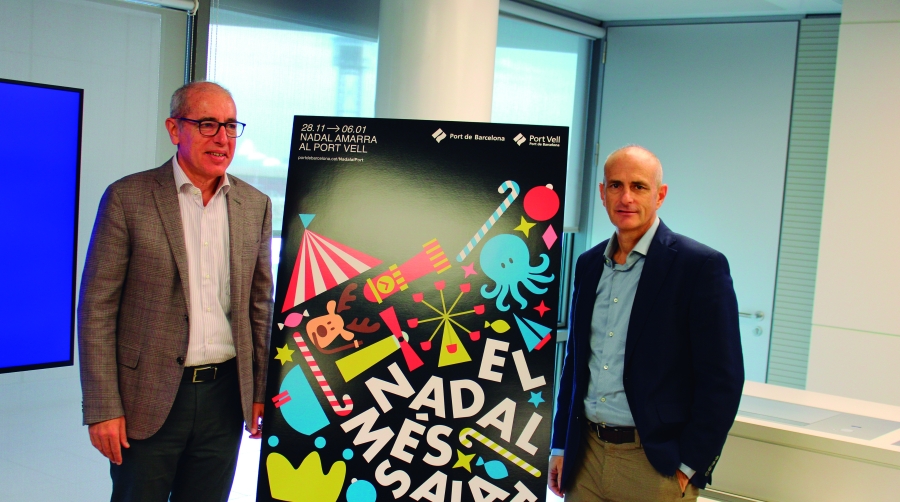 El presidente de Port de Barcelona, José Alberto Carbonell, y el director de Port Vell, David Pino, tras desvelar el cartel de la séptima edición de ‘Nadal al Port’. Foto M.V.